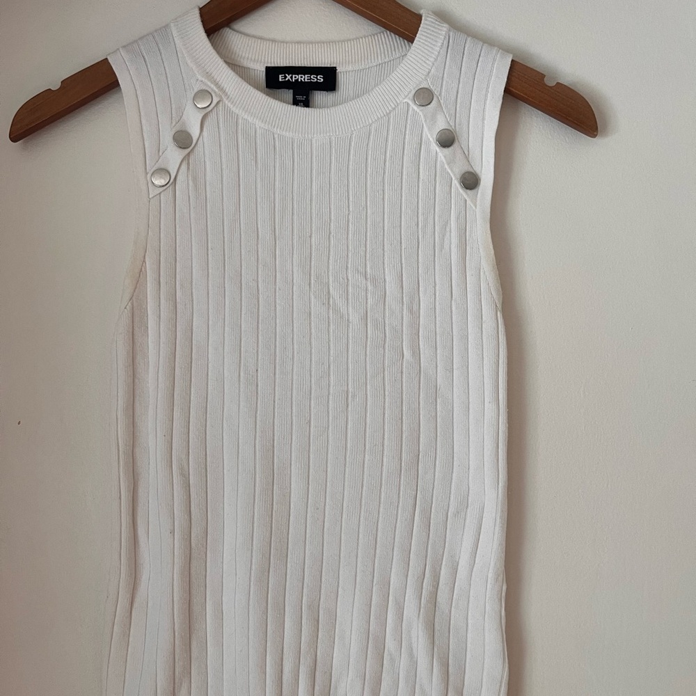 Express White Ribbed Sleeveless Tank with Snap-Trim Shoulders